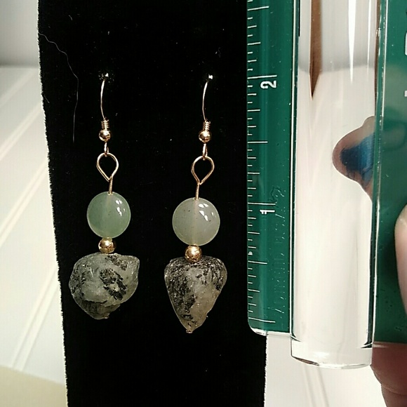 Green Prehnite & Aventurine drop Earrings 14k gf - Picture 2 of 2
